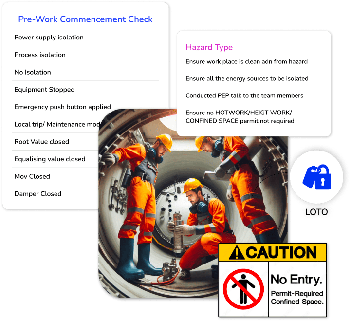 Engineers working in confined space with "Safety permit required" sign. MaintWiz CMMs enables pre-work checklists and hazard inforamtions using AI for enhanced safety.