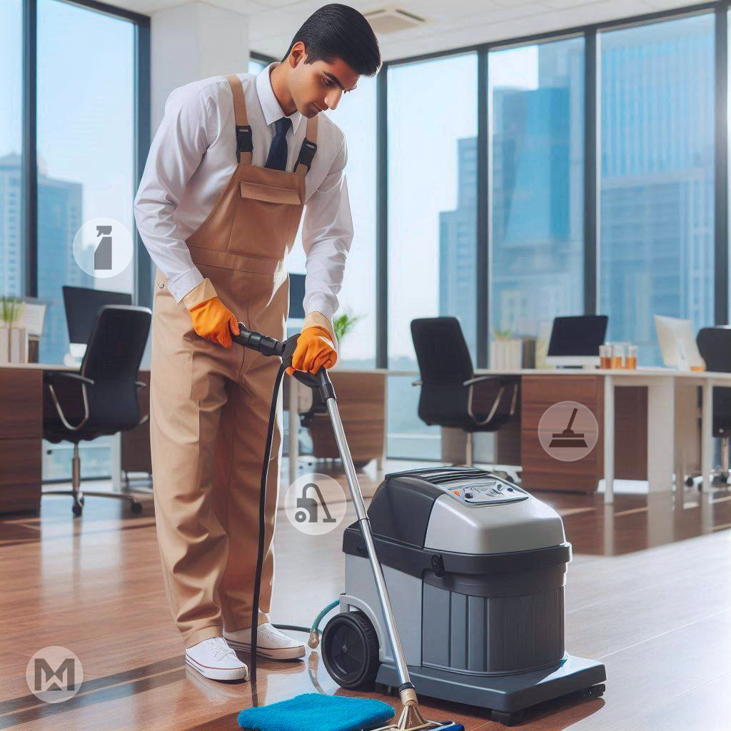 A janitor operates a floor cleaning machine in a modern office, showcasing AI-powered MaintWiz CMMS benefits: enhanced operational efficiency, automated maintenance scheduling, and improved asset longevity in facility management.