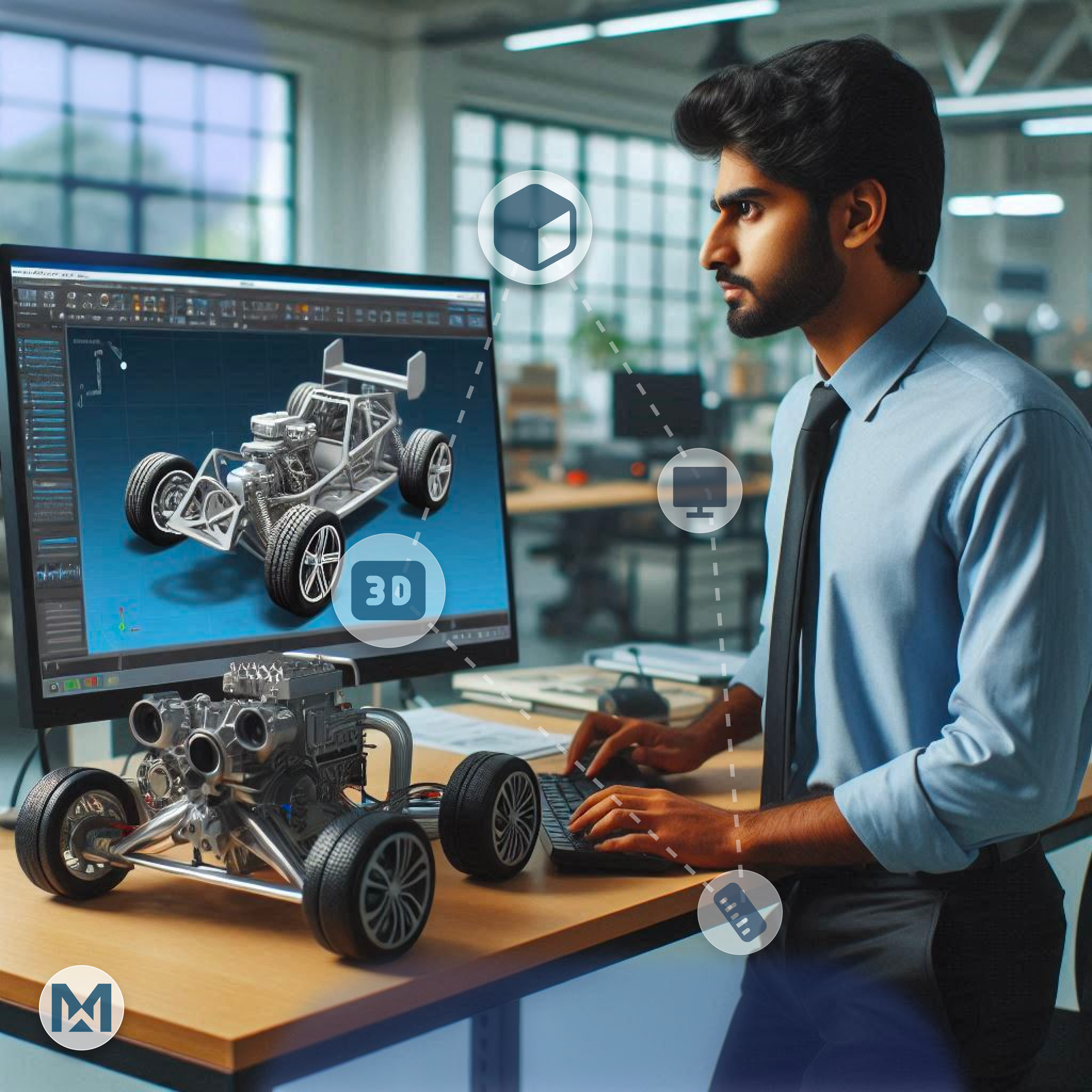 AI-powered MaintWiz CMMS in automotive manufacturing: Engineer using CAD design of a car chassis, showcasing enhanced prototyping and efficiency