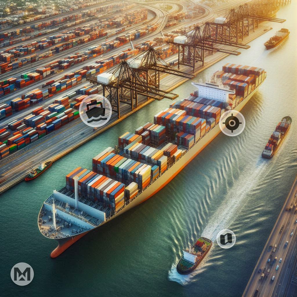 A container ship at a busy port, cranes loading, showcasing AI-powered MaintWiz CMMS enhancing logistics efficiency and operations.