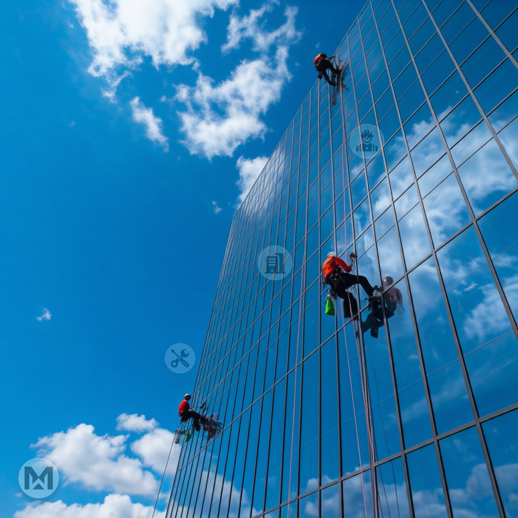 Workers clean a building's glass facade under a clear sky, demonstrating AI-powered MaintWiz CMMS benefits: improved energy management, optimized resource allocation, and streamlined maintenance operations in facility management.