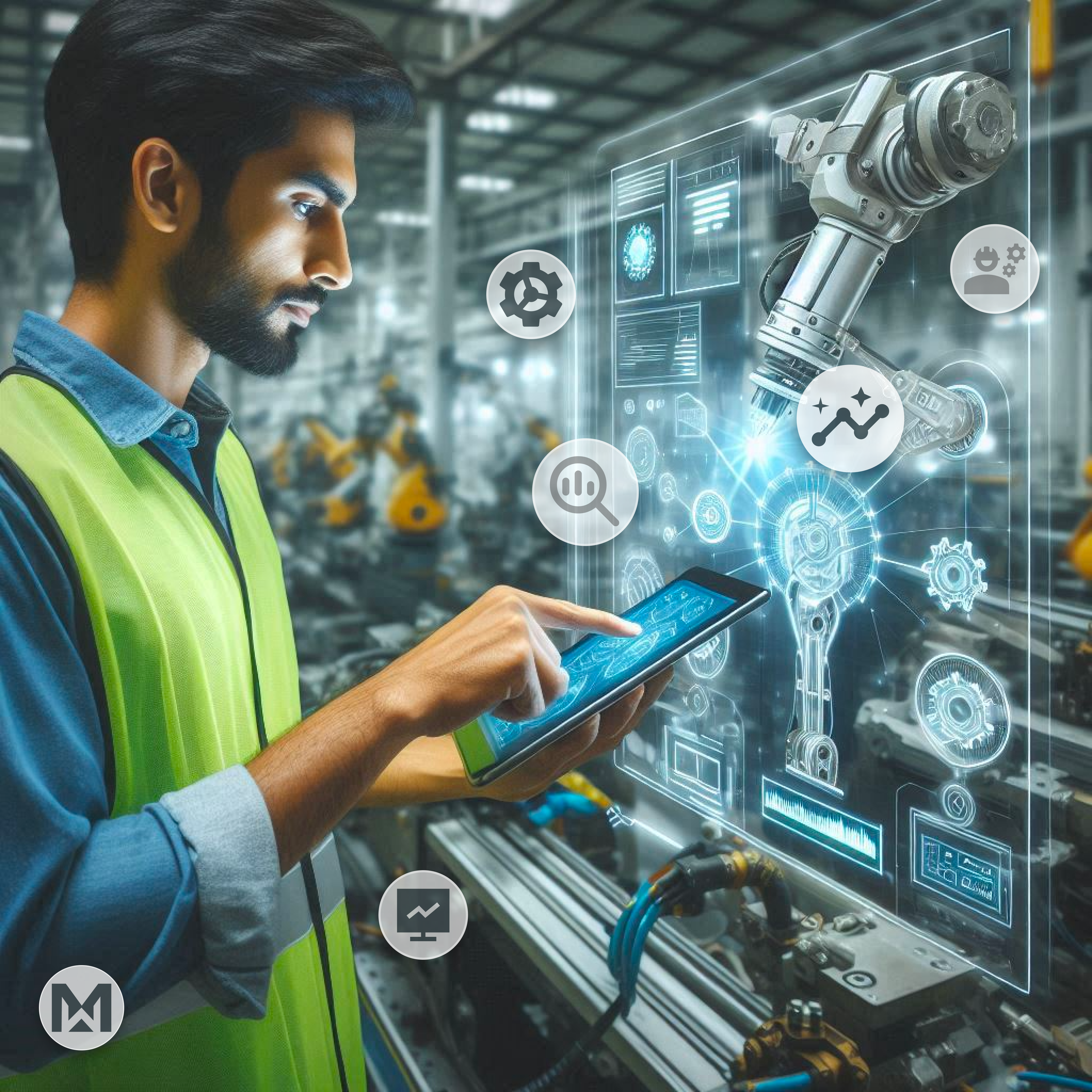 At an automotive manufacturing plant, a worker uses a tablet with AI-powered MaintWiz CMMS, integrating robotics for efficient maintenance.