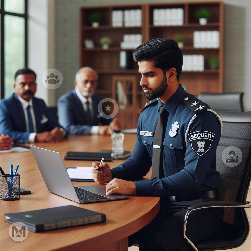 A security officer uses a laptop in a modern office, demonstrating AI-powered MaintWiz CMMS benefits: enhanced security protocols, automated maintenance, and data-driven resource management in facility management.