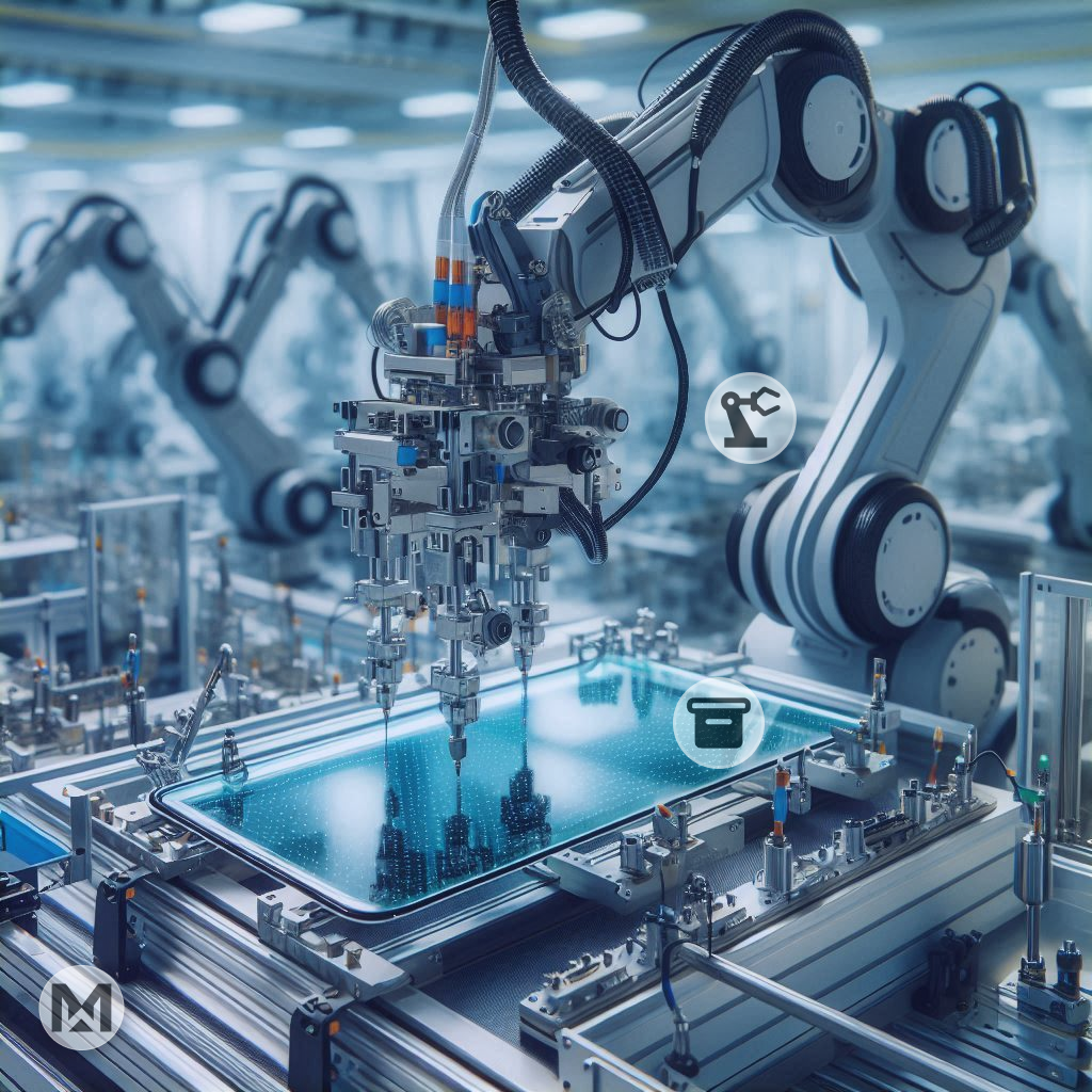 A robotic arm in a high-tech factory assembling a smartphone device. Benefits of using MaintWiz CMMS: improved efficiency, reduced downtime, enhanced safety, predictive maintenance, and cost savings.