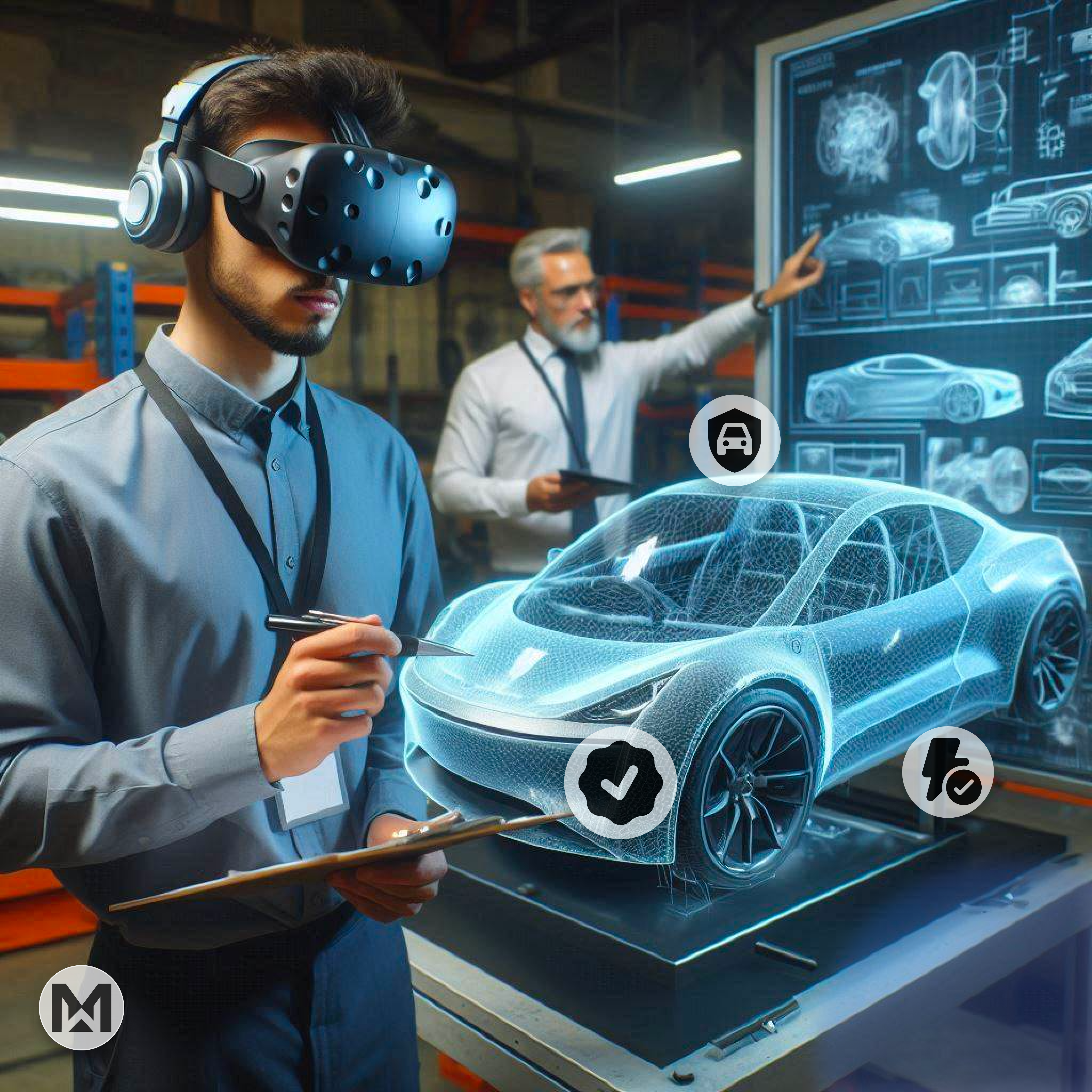 AI-driven MaintWiz CMMS: Optimizing automotive design and production with AR/VR tools, showcasing a holographic 3D car model.