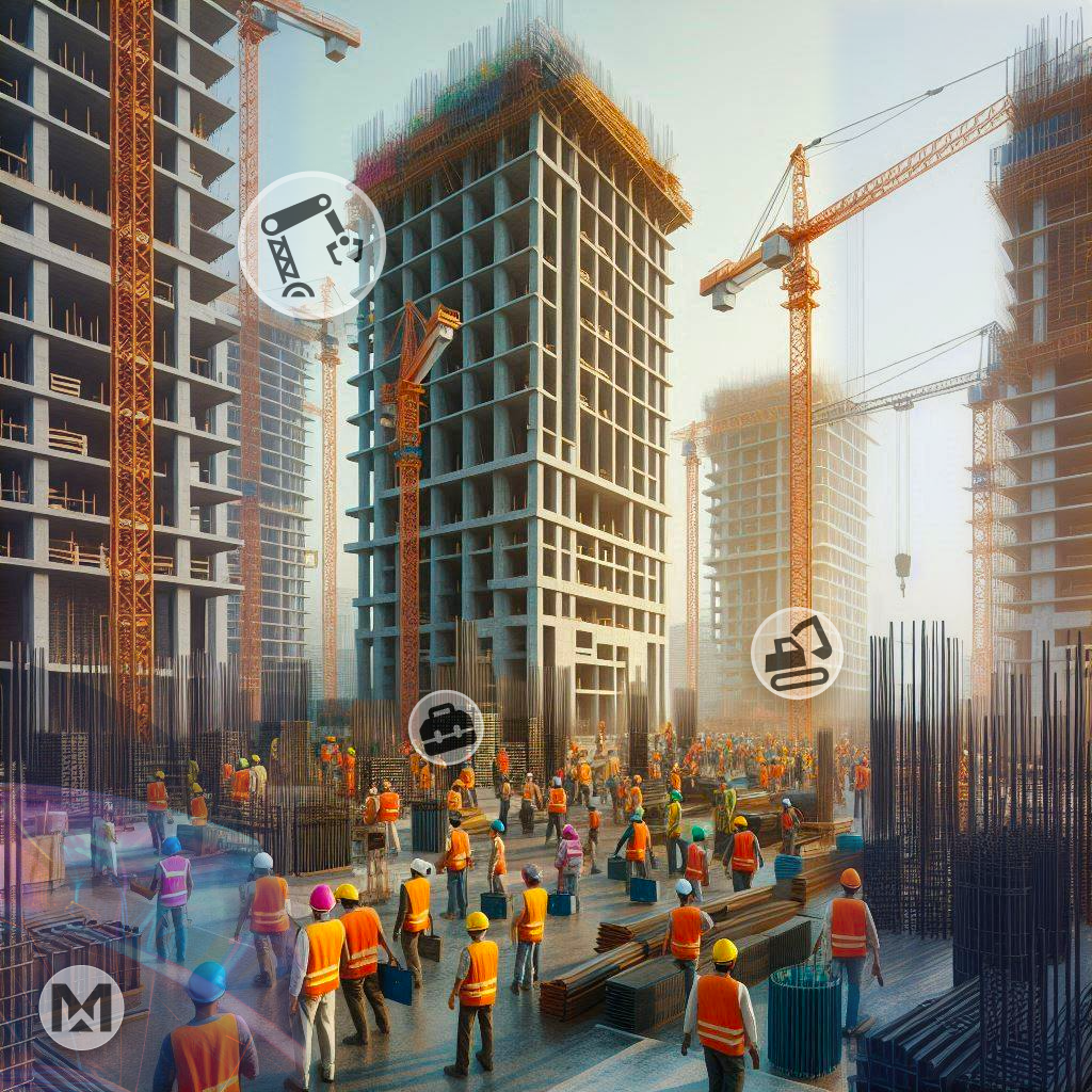 Busy construction site with workers and cranes. MaintWiz CMMS benefits: Increased Asset Lifespan, improved maintenance, enhanced safety, increased productivity.