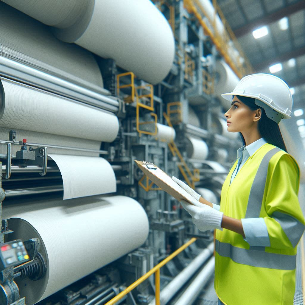 Factory worker monitors paper rolls. AI-Powered MaintWiz CMMS enhances workflow, improving productivity and asset utilization.