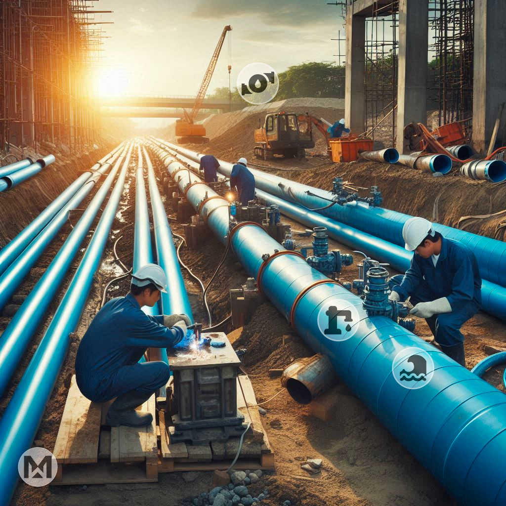 Technicians assemble blue pipelines at a water treatment site. CMMS optimizes maintenance schedules, reducing downtime.