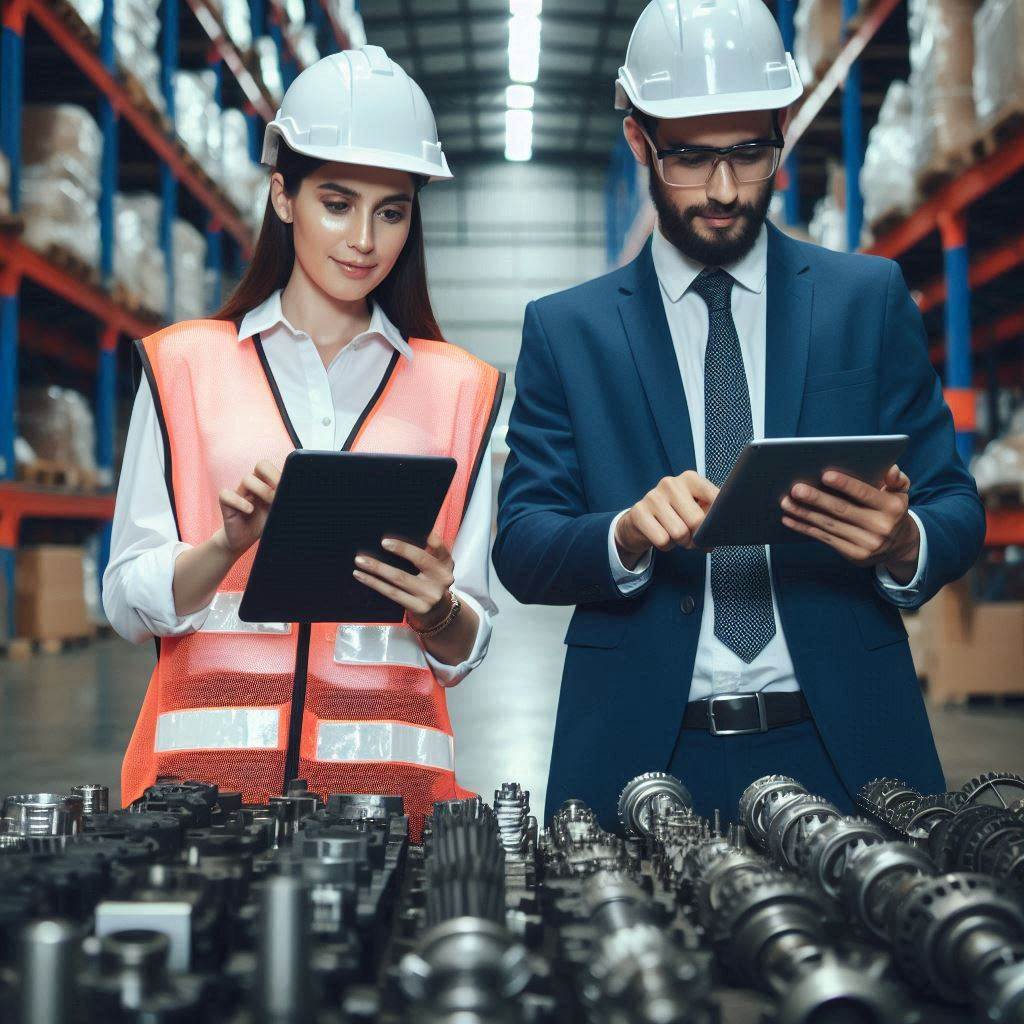 Two engineers use tablets to manage spare parts. AI-powered MaintWiz CMMS updates warehouse stock with RFID, ensuring accuracy, efficiency, cost savings, and predictive maintenance.