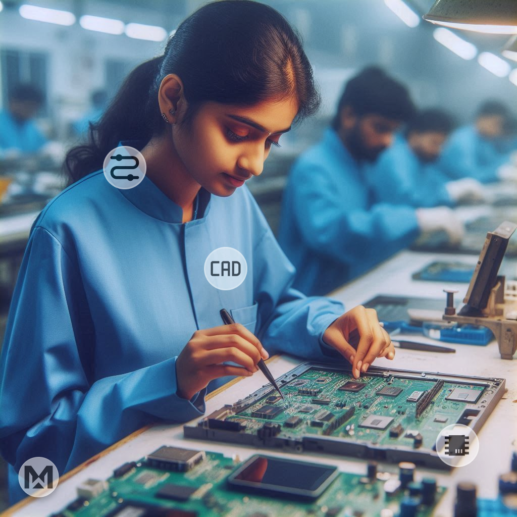 A technician in blue gloves and lab coat assembles a circuit board, highlighting the precision and skill in electronics manufacturing. Benefits of using MaintWiz CMMS for discrete manufacturing include improved equipment reliability, reduced downtime, enhanced safety, and streamlined maintenance operations.