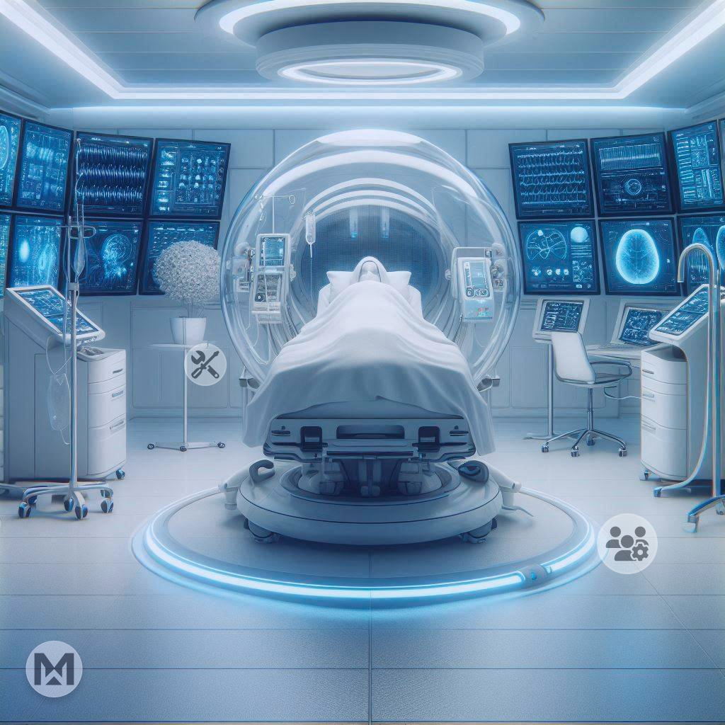 A futuristic medical pod setup with screens, highlighting MaintWiz CMMS benefits for Turnkey O&M: uptime, compliance, data insights, inventory, safety.