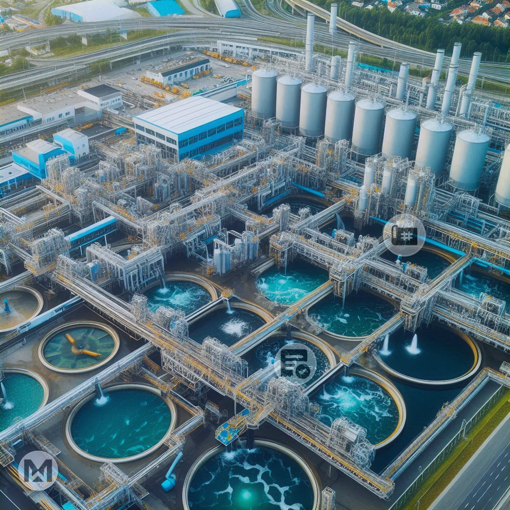 Aerial view of a complex water treatment plant. MaintWiz AI CMMS boosts Turnkey Operations & maintenance, resource allocation, compliance, and remote monitoring.