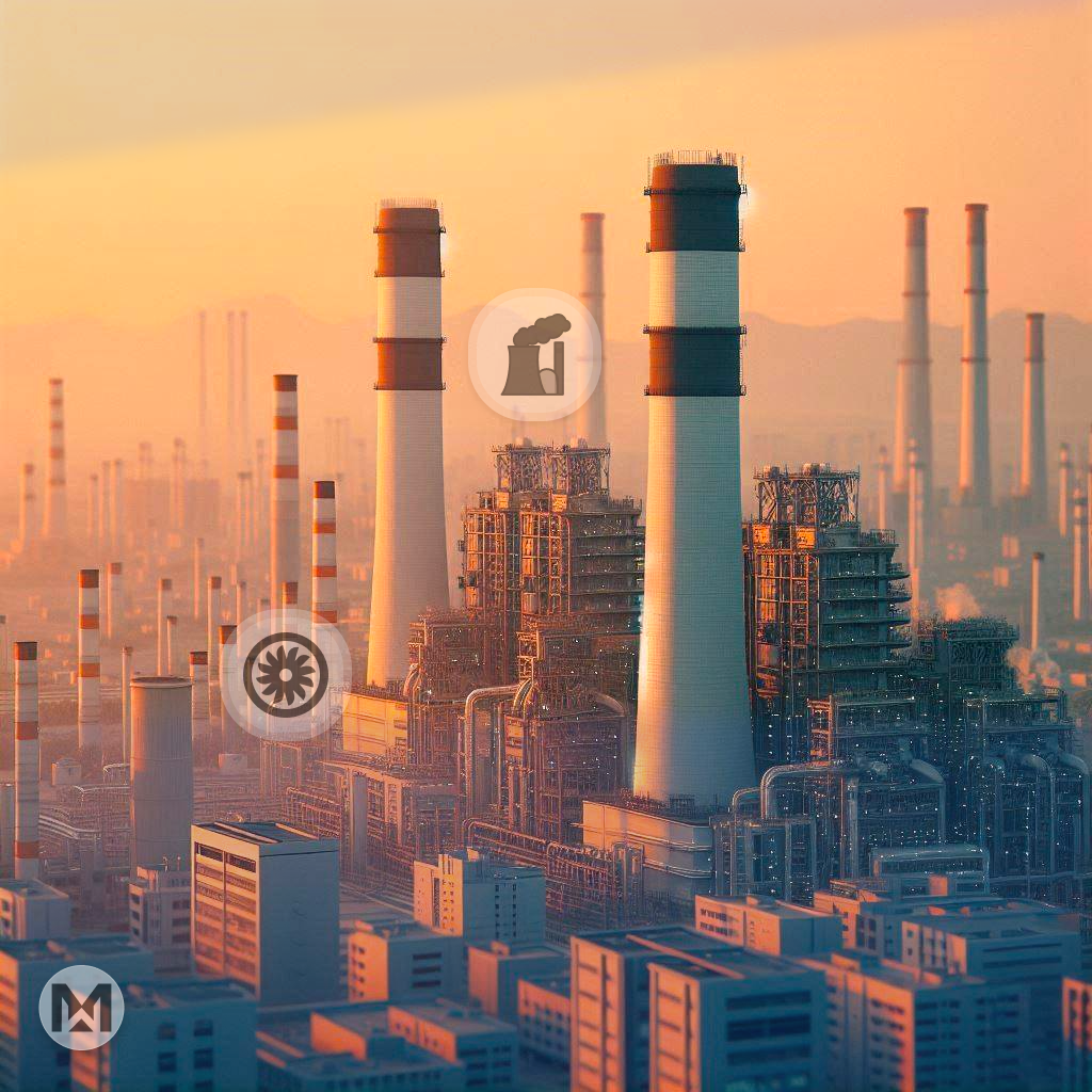 A large industrial power plant complex , featuring tall chimneys and cooling towers & showcasing intricate pipes and machinery, using AI-powered MaintWiz CMMS for efficient maintenance