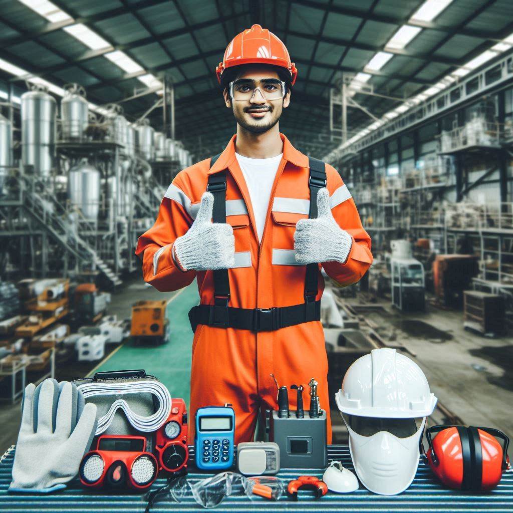 Individual in full PPE, holding a clipboard, gives thumbs-up in an industrial setting, emphasizing the importance of safety permits with MaintWiz AI CMMS, ensuring compliance, and reducing accidents.