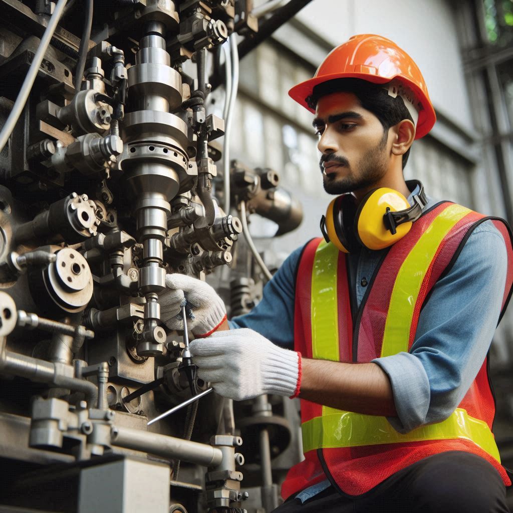 Technician in safety gear performs preventive maintenance on industrial machinery. AI-powered MaintWiz CMMS ensures efficiency and safety.