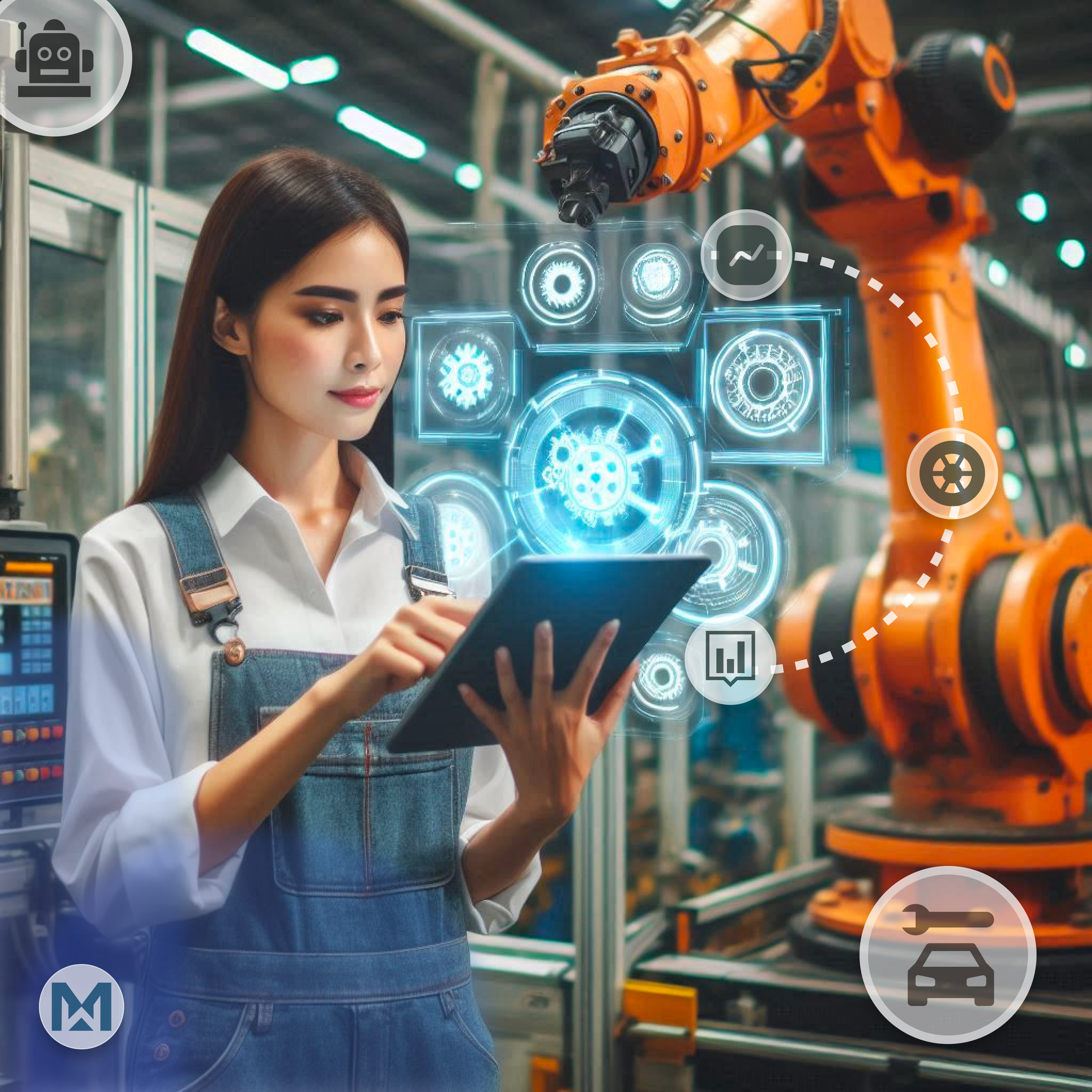 AI-driven MaintWiz CMMS in an automotive plant, with a worker using a tablet and robotic arms in the background & robotic integration for optimized maintenance