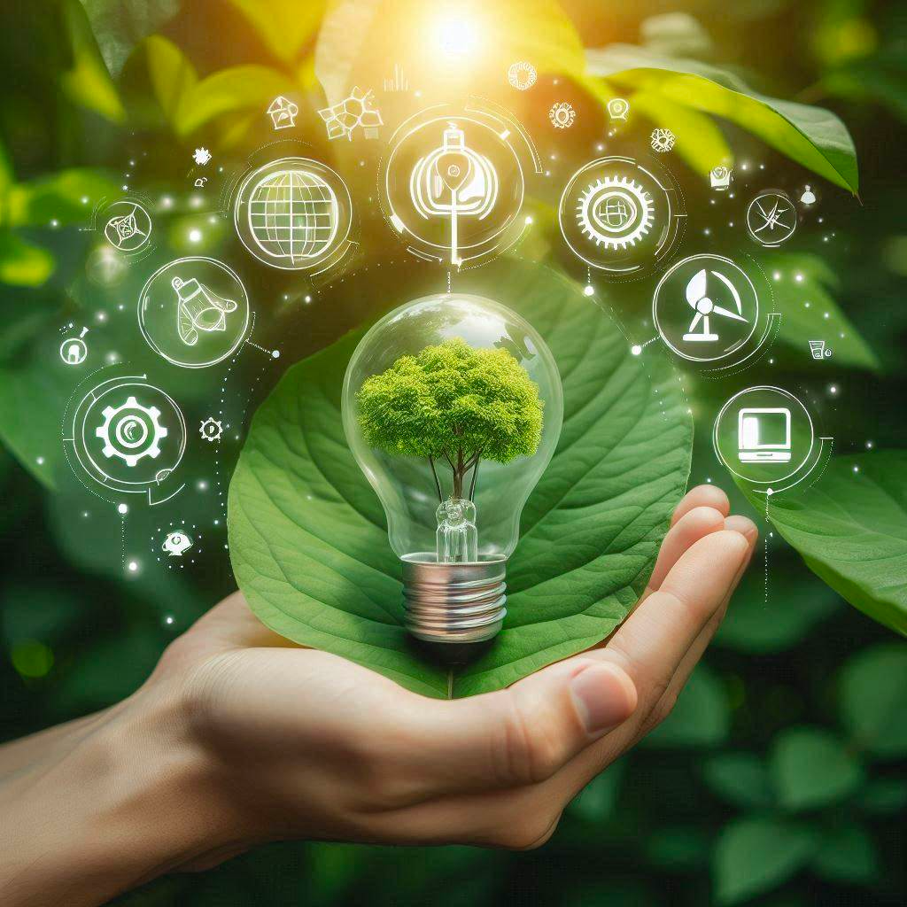 A hand holds a green leaf and light bulb with a tree inside, surrounded by renewable energy and AI icons, showcasing sustainability in Maintenance