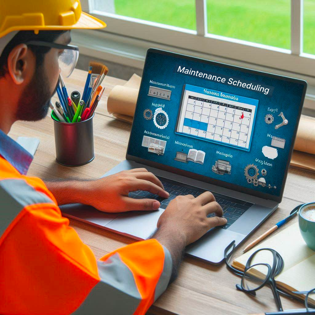 An engineer in a high-visibility vest uses AI-Powered MaintWiz CMMS on a laptop to schedule maintenance tasks, ensuring efficient operations.