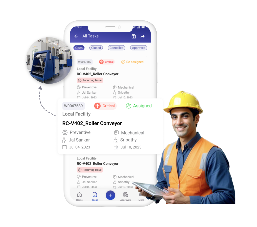 AI-powered MaintWiz CMMS mobile app: access maintenance data on-the-go with QR Code, quick approvals, update real time data, reduce downtime, and boost operational efficiency