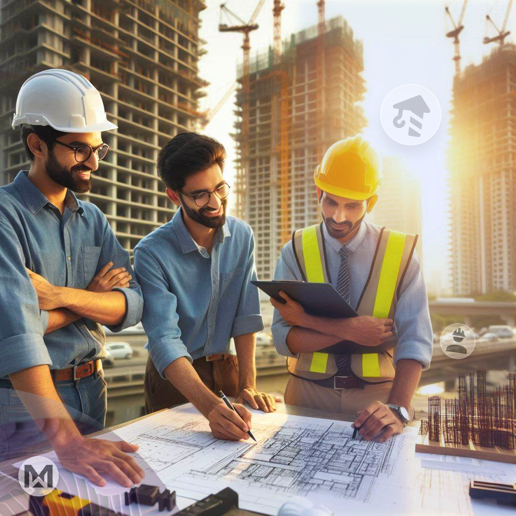 Engineers and architects at a site reviewing blueprints. MaintWiz CMMS boosts efficiency, Compliance, and Construction project management.