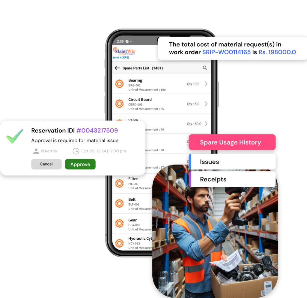 Optimize spare parts management using the MaintWiz CMMS app: track inventory, vendor relations, store-specific quantities, and price trends