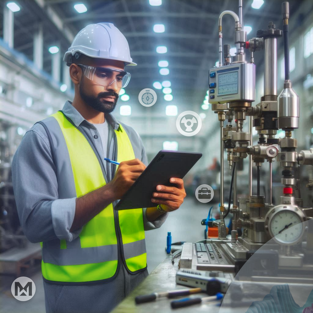 Technician uses AI-powered MaintWiz CMMS for precise calibration, logging pre/post readings, and auto-generating certificates for compliance