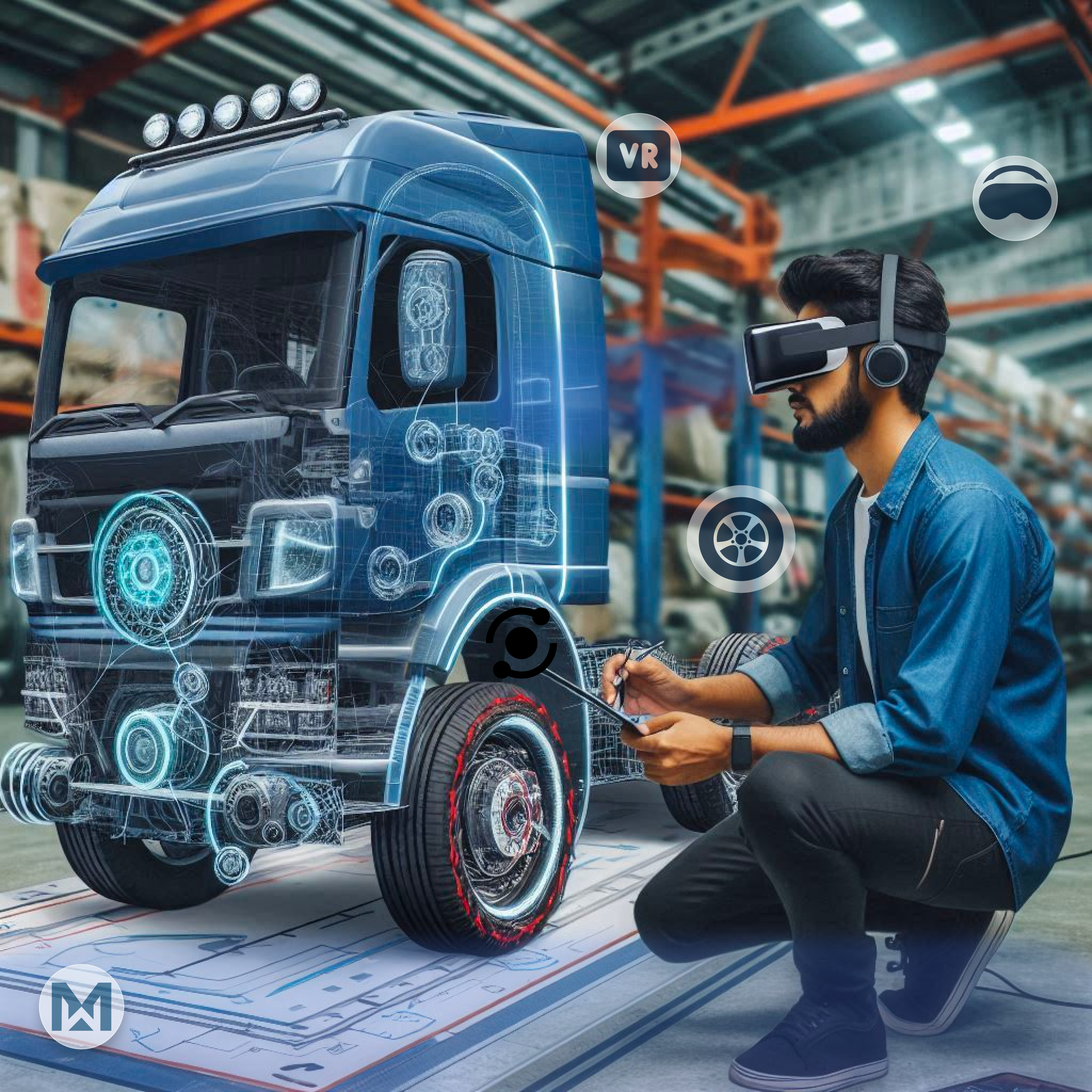 VR in automotive manufacturing: AI-powered MaintWiz CMMS enhances design and maintenance, showcasing digital truck model.