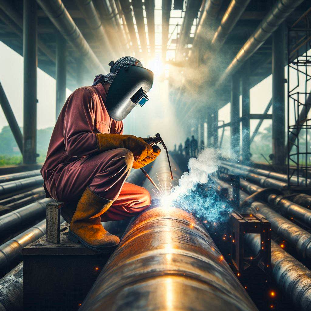 Welder working on a pipeline, showcasing MaintWiz CMMS for inspections & field services, enhancing safety and precision.