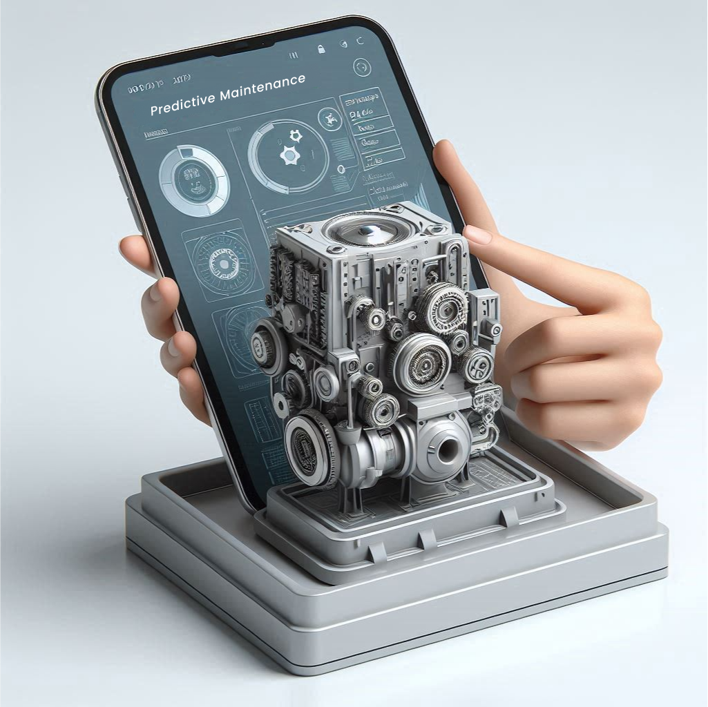 Smartphone with 3D engine model. AI-powered MaintWiz CMMS monitors, alerts, auto-creates work orders for efficiency and safety.