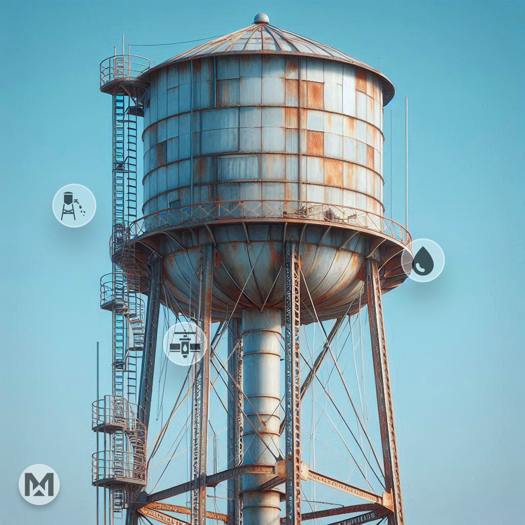 High-rise water tower by road. AI-powered MaintWiz CMMS ensures efficient maintenance and monitoring.