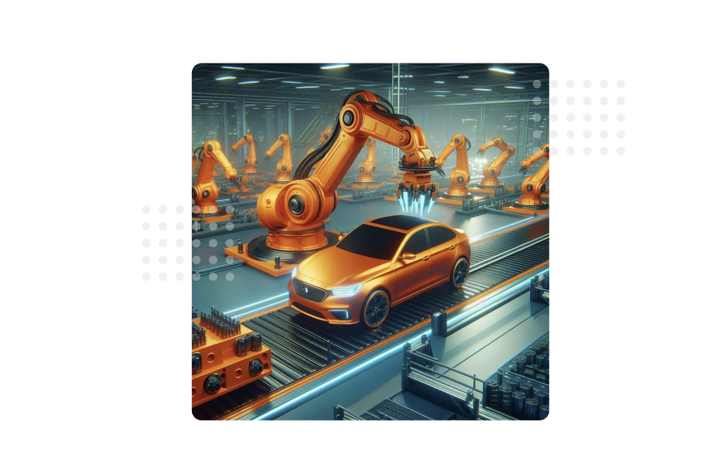 Robotic arm assembling cars. Benefits of using MaintWiz CMMS: streamlined operations, real-time monitoring, and increased productivity.