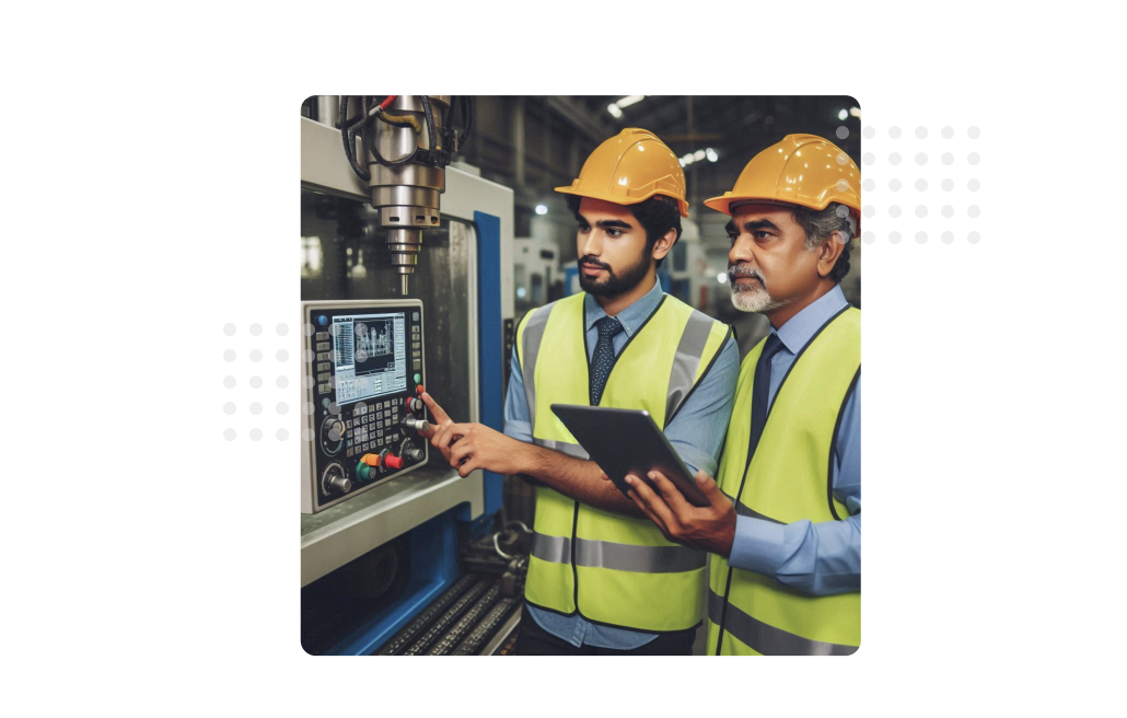 Two engineers in a modern turnkey operations facility, standing near an industrial control panel, holding a tablet displaying MaintWiz AI CMMS software Known for ease of use, suitable for teams needing rapid deployment with minimal training.