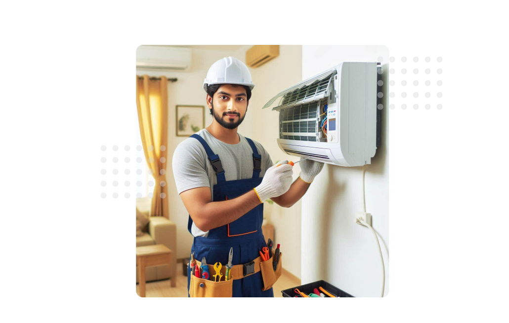 Technician services air conditioner using AI-powered Maintwiz CMMS, ensuring predictive maintenance, reduced downtime, and enhanced operational efficiency.