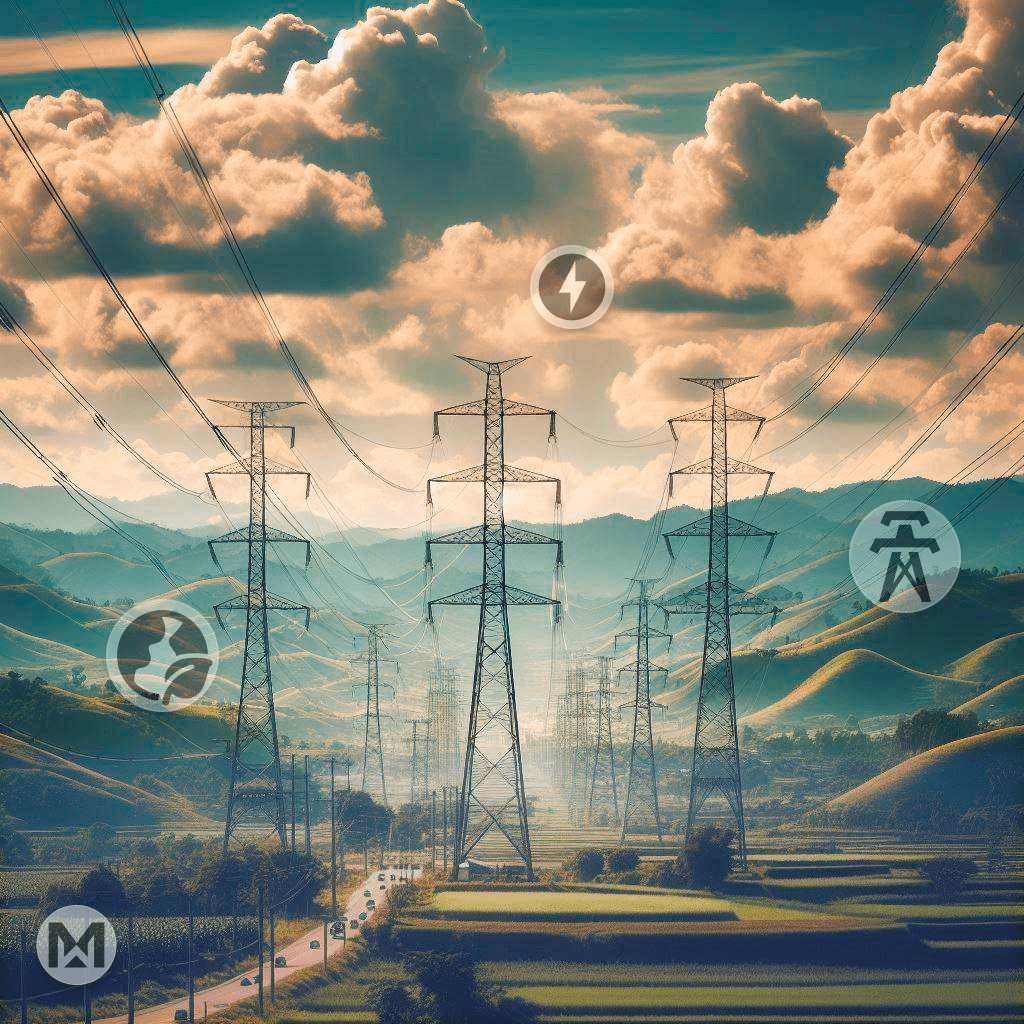 Power transmission towers span hills with lines connecting, under dramatic clouds. AI-powered MaintWiz CMMS enhances asset monitoring.