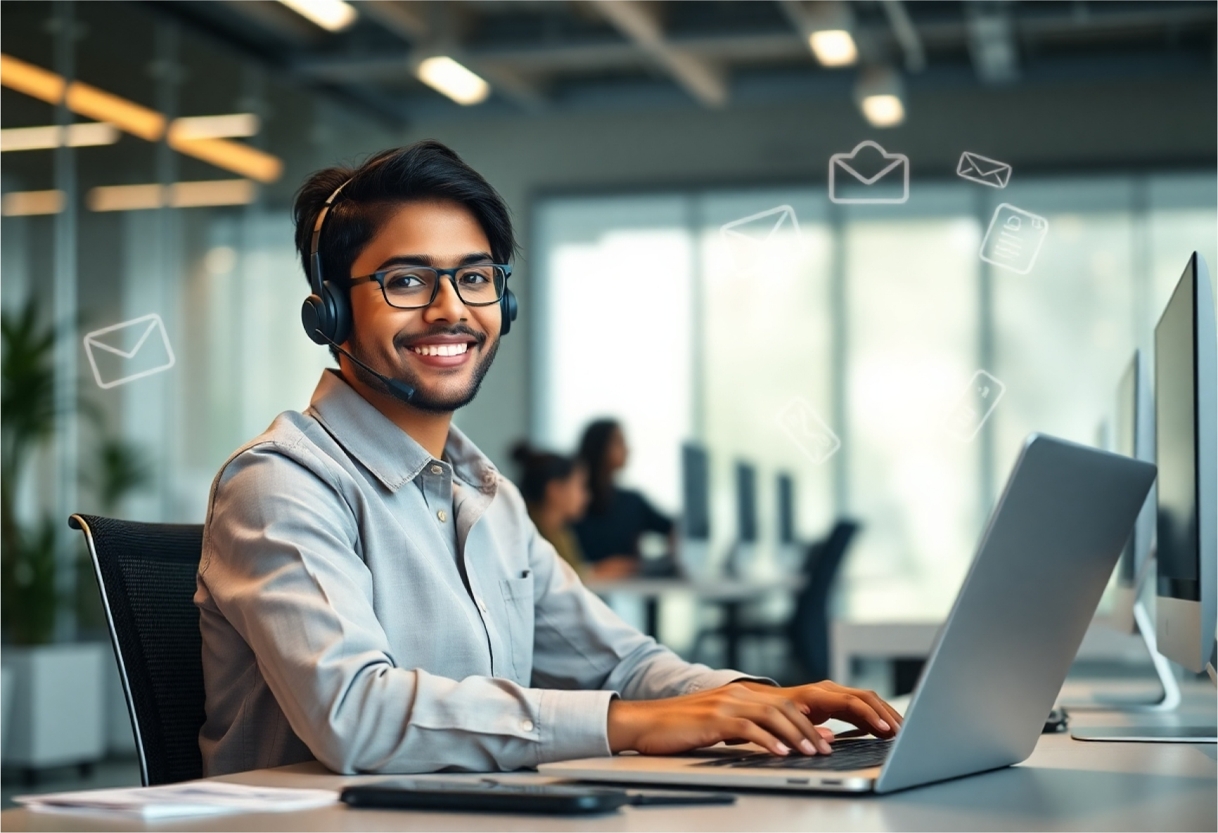 A welcoming support team member assisting a customer with their inquiries, illustrating MaintWiz Technology CMMS' dedication to prompt and effective communication