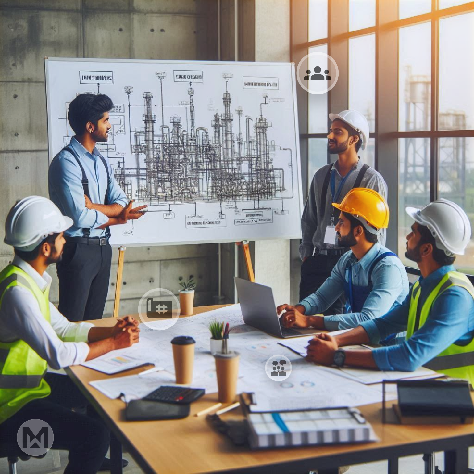 Engineer planning maintenance in a factory, analyzing equipment and scheduling tasks with advanced MaintWiz CMMS. Background shows machinery, emphasizing an organized approach