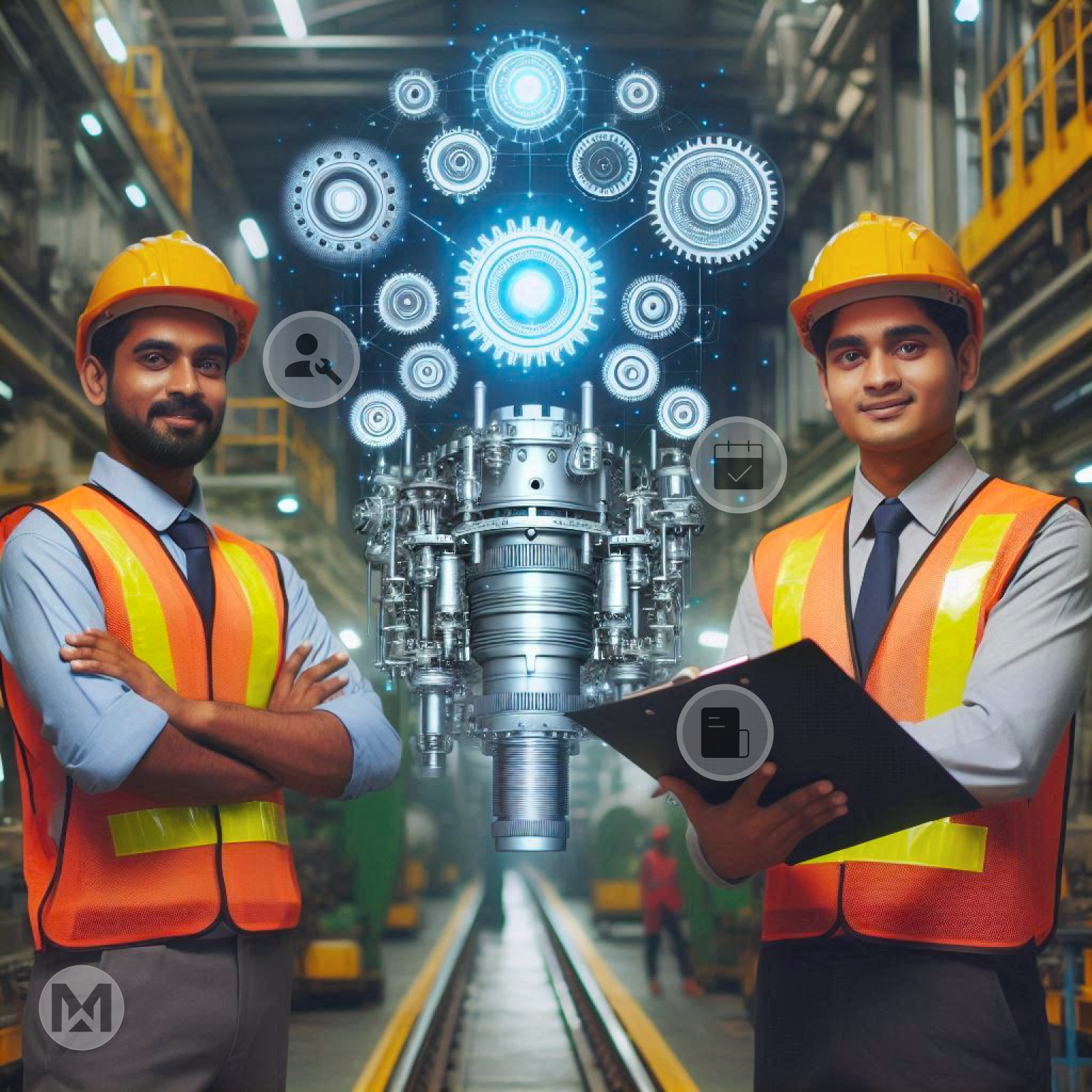 Two workers in safety gear stand in a factory with a digital overlay of gears, symbolizing AI-driven maintenance planning. MaintWiz CMMS uses AI to predict failures, optimize schedules, and allocate resources efficiently, reducing downtime and extending equipment lifespan