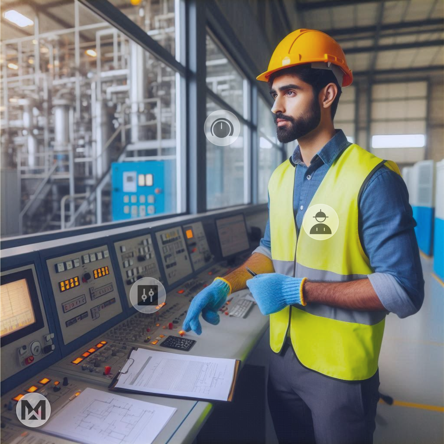 Worker in safety gear operates a control panel in a factory, showcasing MaintWiz CMMS for improved OEE, reduced downtime, and increased productivity