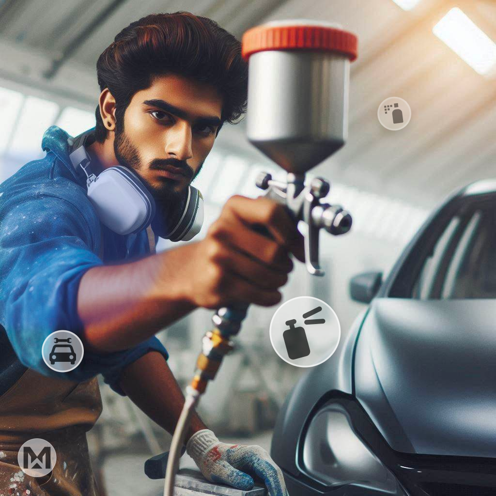 Worker painting car with protective gear. AI CMMS enhances safety protocols, ensuring compliance and reducing workplace hazards.