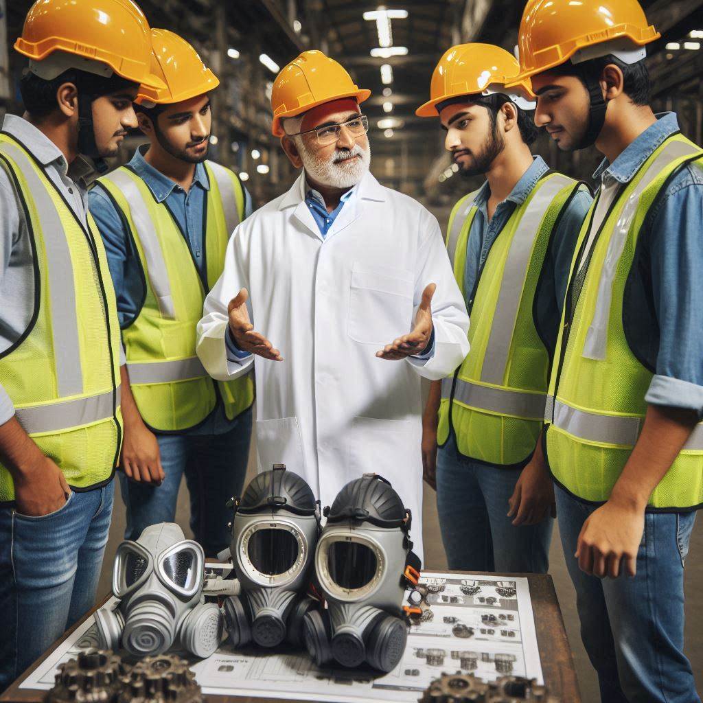 An experienced engineer teaching a group of junior engineers about the importance of safety gear, using an AI-powered MaintWiz CMMS displayed on a tablet. They are in an industrial setting with safety signs and equipment around them.