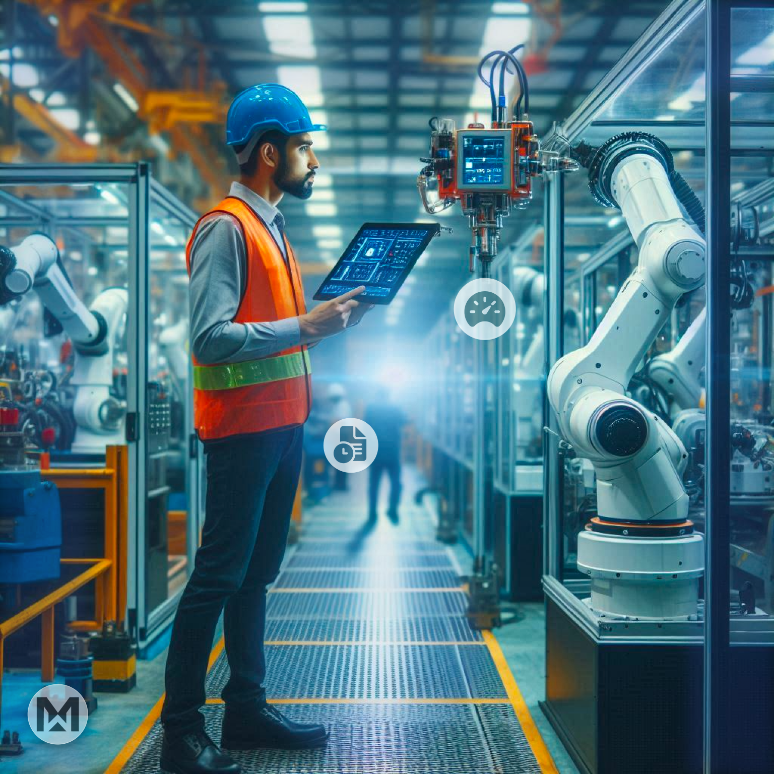 Engineer uses tablet to monitor robotic arms. AI-driven MaintWiz CMMS boosts OEE, enhances productivity, reduces downtime.