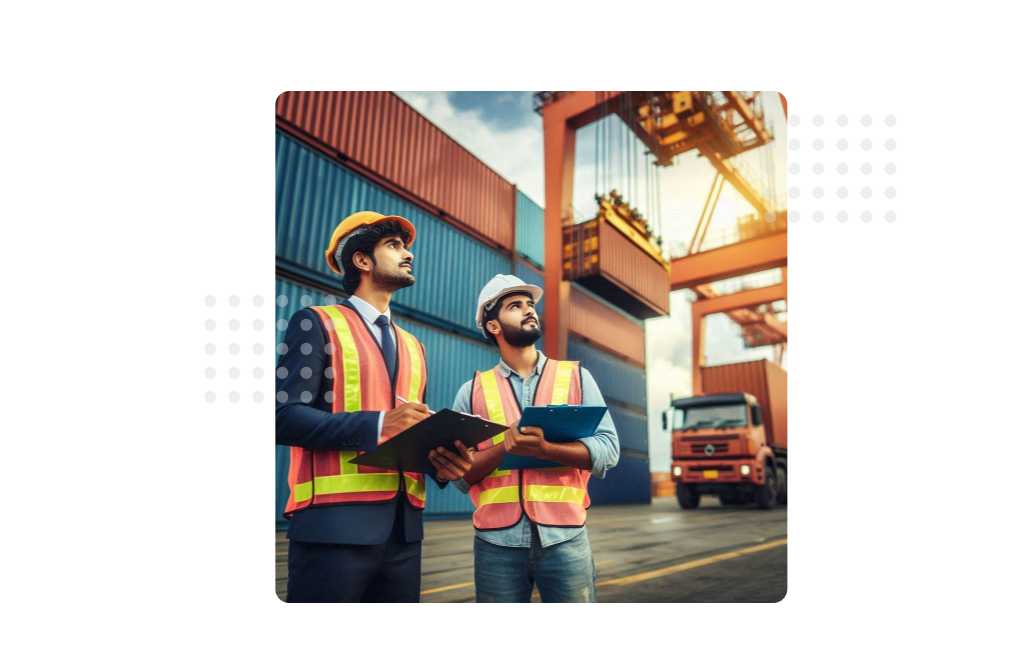 Two workers inspect shipping containers at a port, using AI-powered MaintWiz CMMS for efficient logistics and asset management.