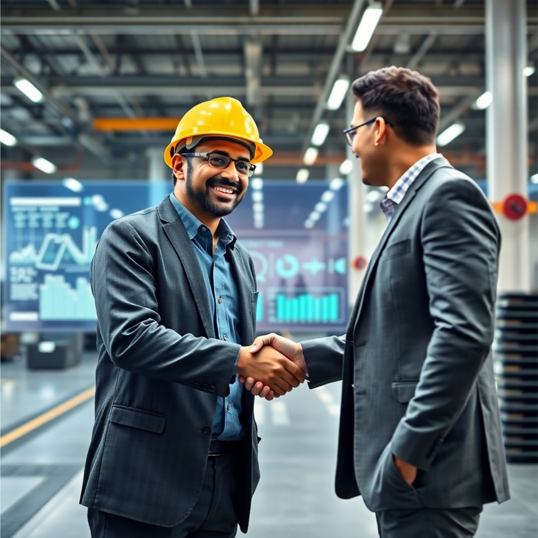 Engineer and businessman shaking hands, symbolizing partnership and mutual agreement. Key benefits: efficiency, predictive maintenance, reduced downtime, optimized resources