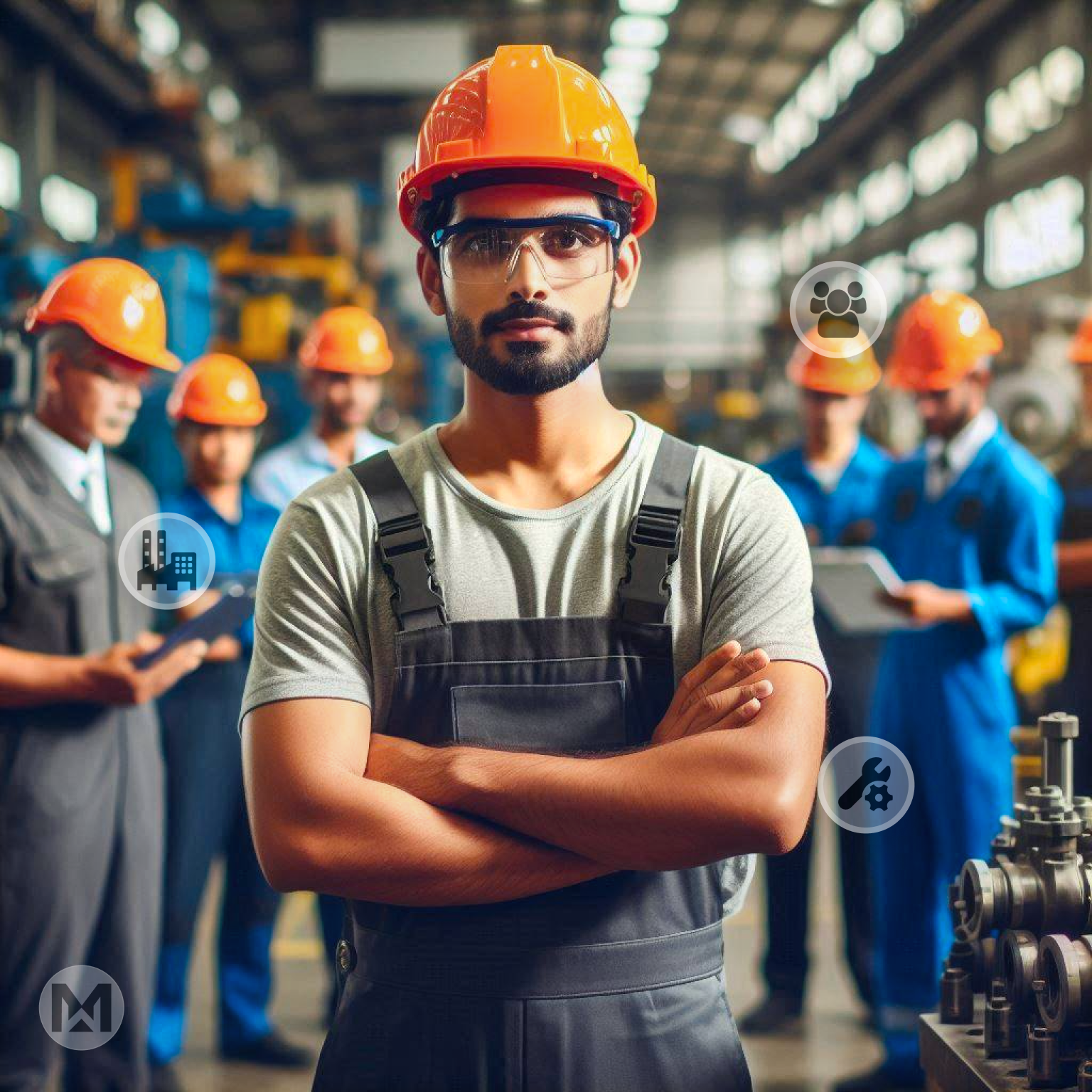 Industrial workers in a factory showcasing maintenance skills. AI-enabled MaintWiz CMMS boosts scheduling, task allocation, and efficiency through AI-driven maintenance workforce management.