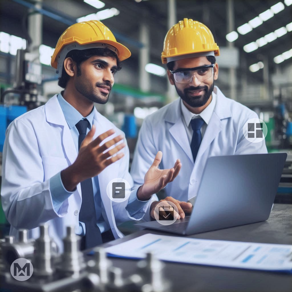 Image of two workers in blue overalls and white shirts with orange gloves, in front of a car's open hood, giving thumbs up. AI-enabled MaintWiz CMMS enhances maintenance workforce management by optimizing scheduling, predicting needs, tracking performance, and improving communication and productivity.